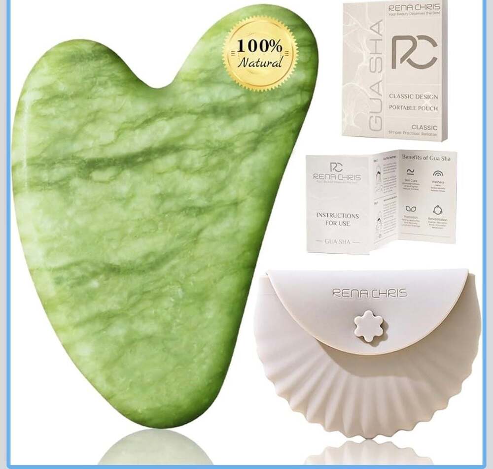 RENA CHRIS 100% Natural Xiuyan Jade Gua Sha Facial Tool with Silicone Seashell P